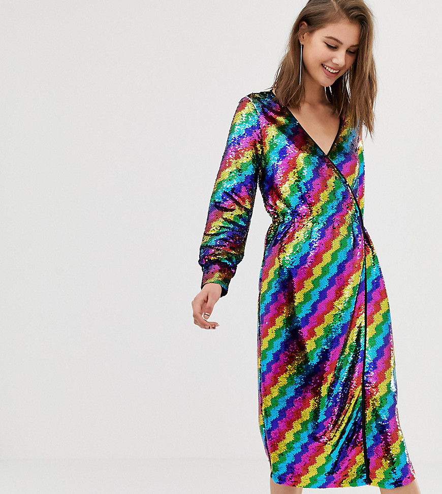 Warehouse wrap dress in rainbow sequin-Multi