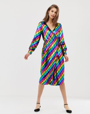 warehouse rainbow wrap dress