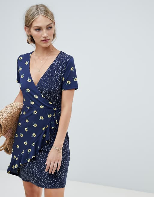 Warehouse wrap dress with 2025 ruffles in polka dot