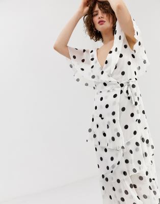 warehouse spot ruffle wrap dress