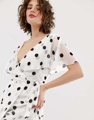 warehouse spot ruffle wrap dress