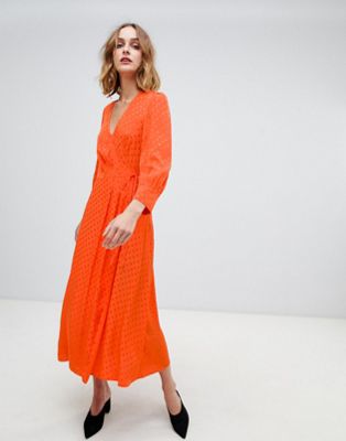 orange wrap midi dress
