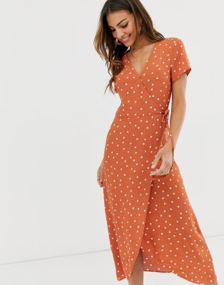 orange polka dot wrap dress