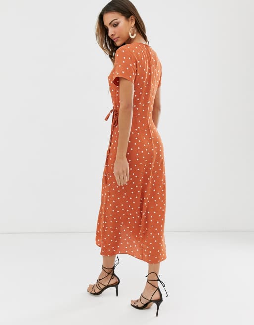 Warehouse wrap midi dress in polka dot