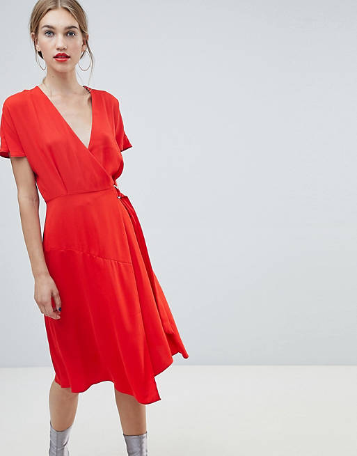 Warehouse wrap midi dress with flute sleeves in red | ASOS