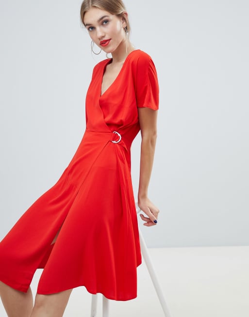 Warehouse wrap midi dress with flute sleeves in red