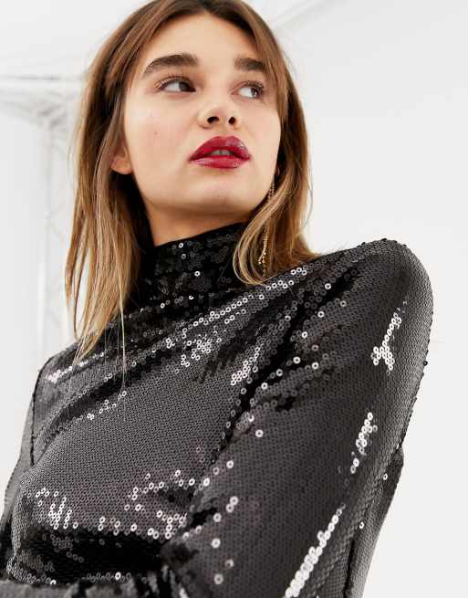 Warehouse black glitter 2025 high neck top