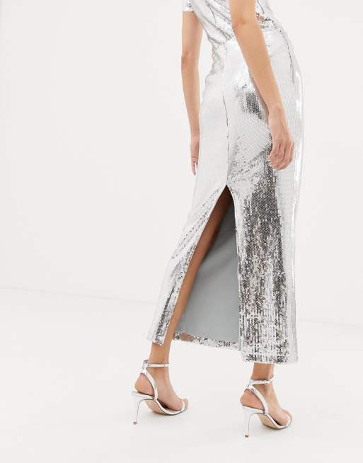 Warehouse x Ashish sequin maxi skirt in silver