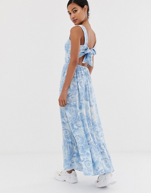 Warehouse x Shrimps maxi dress with tie back in blue print