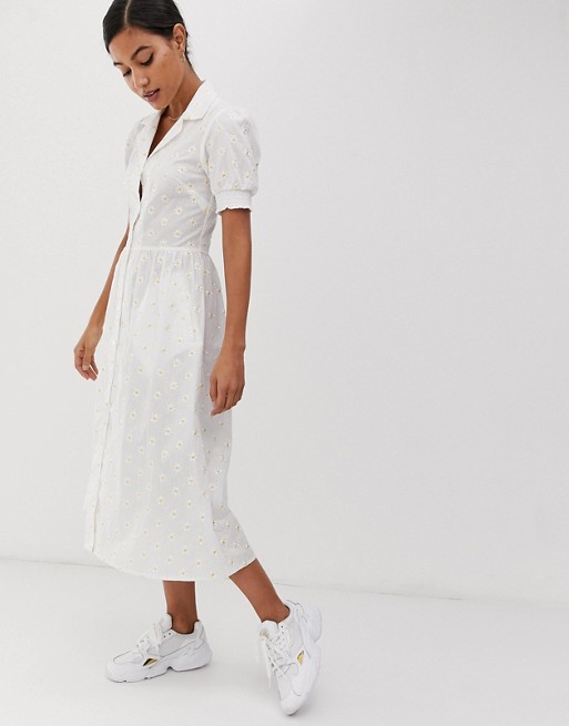 Warehouse x Shrimps shirt dress with daisy embroidery in white