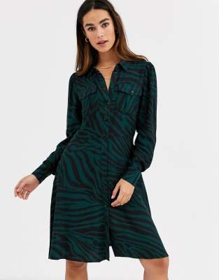 warehouse animal print shirt dress green