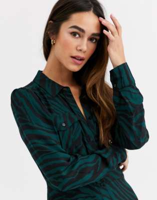 warehouse animal print shirt dress green