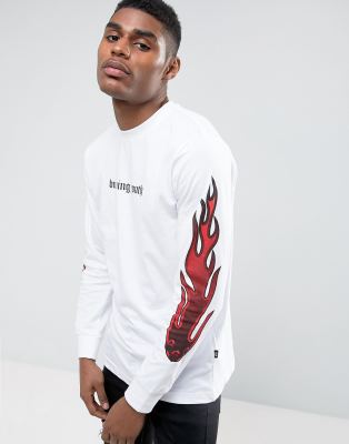 Wasted Paris Long Sleeve T-Shirt With Flame Sleeve Print in White