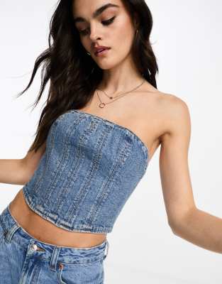 Waven Waven amber seam detail denim corset top in 90s blue