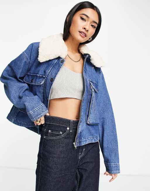 Waven andor jacket with fur collar in washed indigo