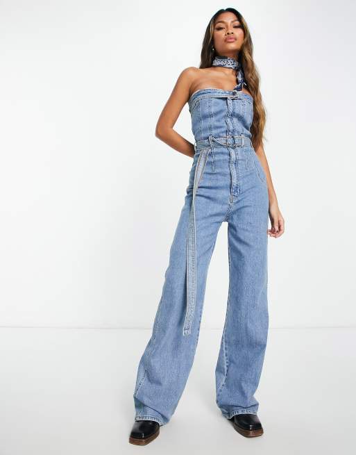 Only long sleeve jumpsuit in light blue denim