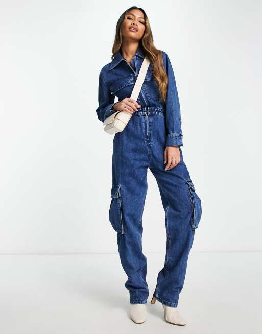 Only long sleeve jumpsuit in light blue denim