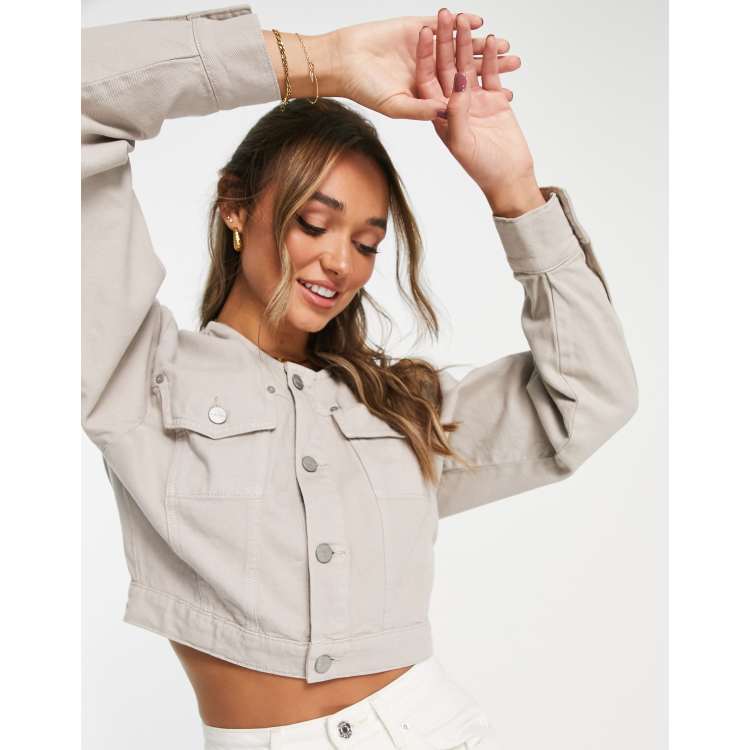 Waven collarless cropped denim jacket in grey