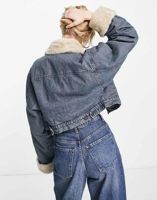 Waven - Cropped denim jacket met kraag van imitatiebont in blauw grijs, 3 van 4