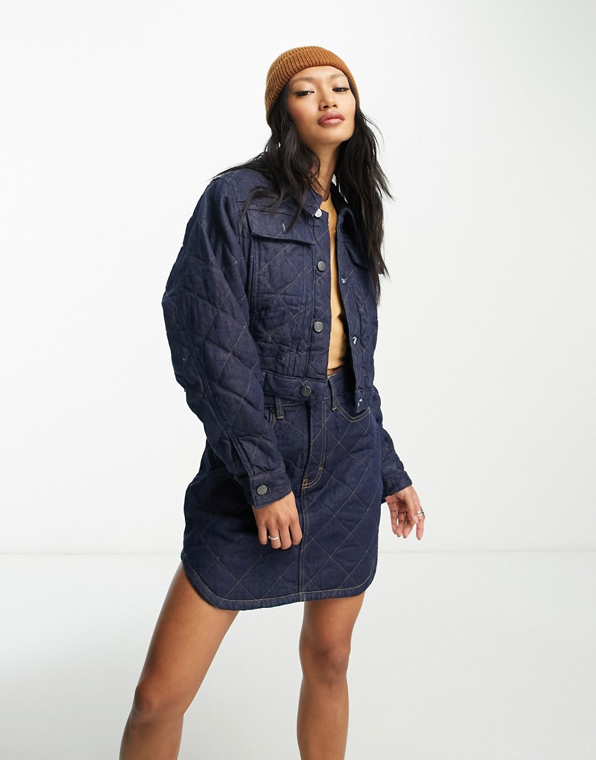 Waven cropped denim jacket with contrast stitching in dark wash - part of a set-Blue