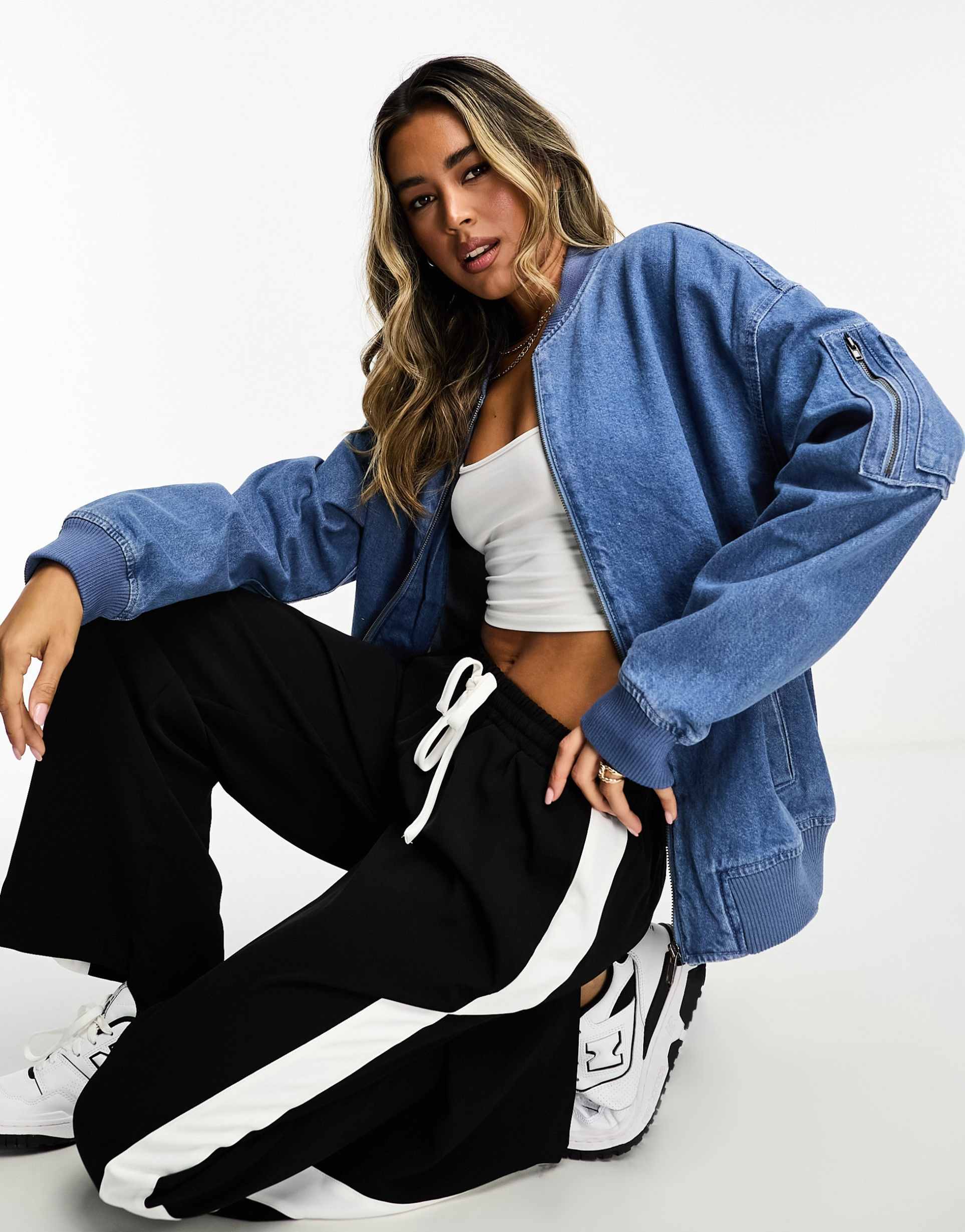 waven dava oversized denim bomber jacket in 90s blue