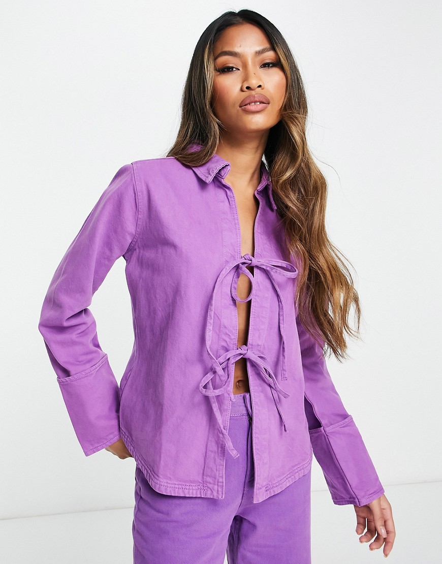 Waven denim blouse with tie up details in purple