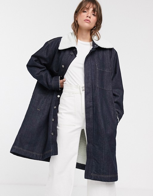 Waven denim oversized coat with faux shearling collar