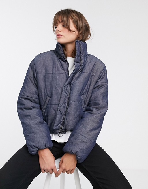 Waven denim padded jacket with circle zip puller