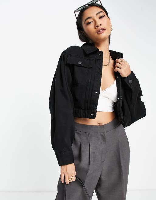 Waven - Ebba - Cropped denimjakke med ballonærmer i solid sort