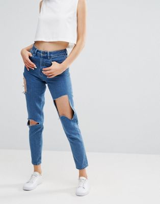Waven – Elsa – Jeans i mom jeans-modell med bortklippta bitar-Blå
