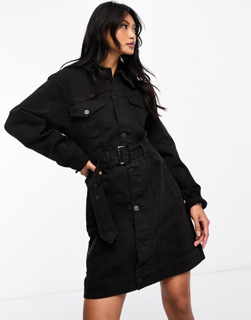 Waven frea button front belted mini shirt dress in black | ASOS