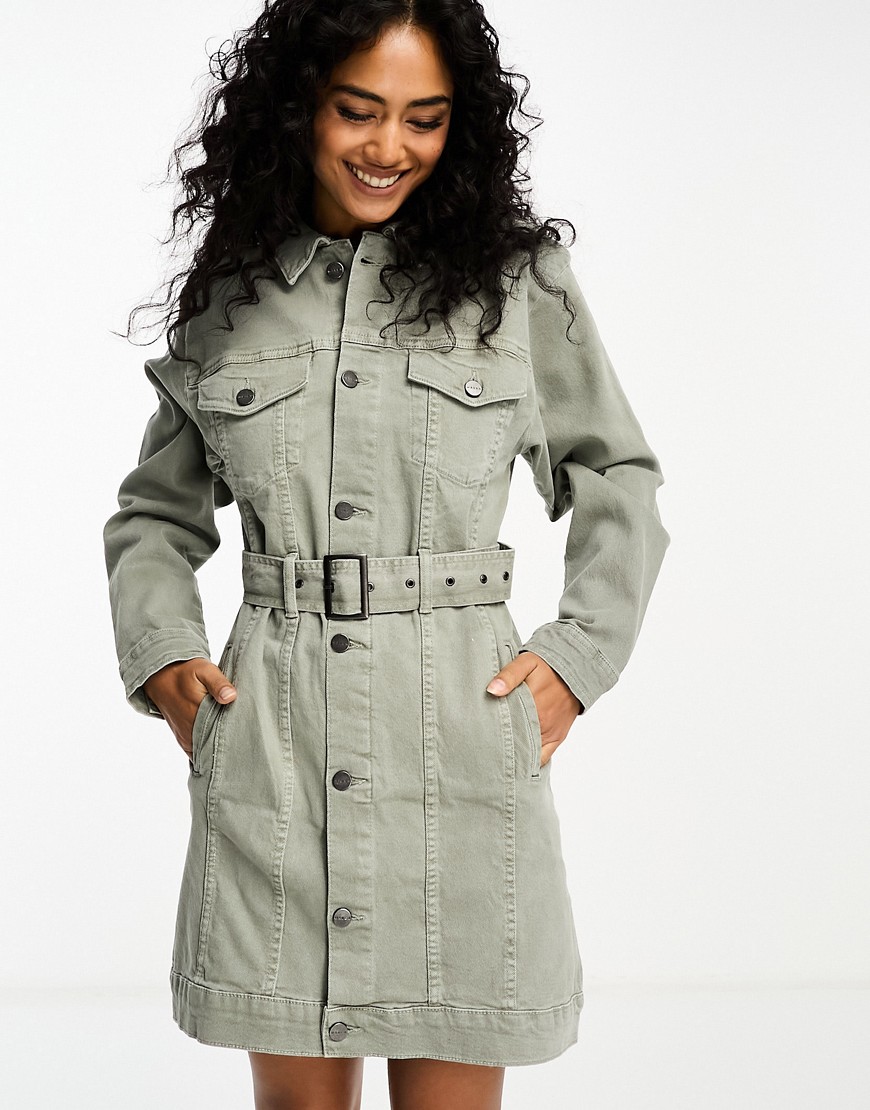 Waven frea button front belted mini shirt dress in dirty green