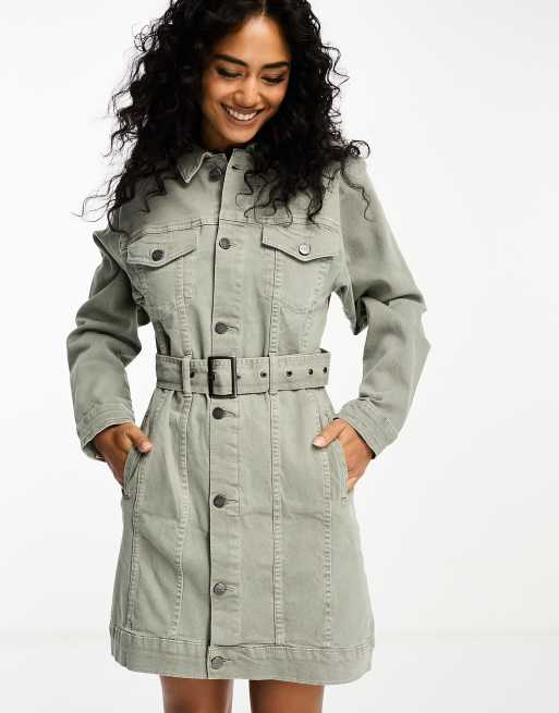 Waven - Frea - Vestito camicia corto verde sporco con cintura e bottoni sul davanti