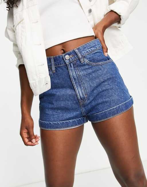 Waven high rise denim shorts with turn up hem in washed indigo