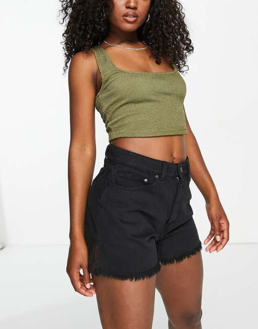 Black High Rise Distressed Denim Shorts|155185201