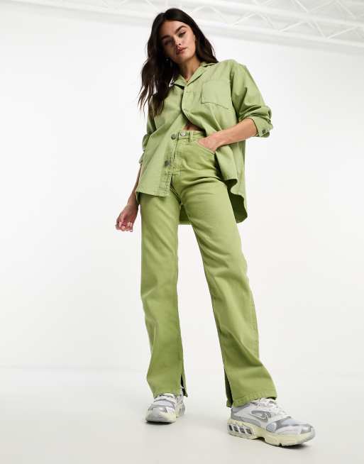 Waven oversized denim shirt and high rise jeans in sage green