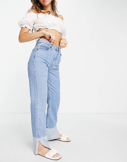 Waven - Jaren 90 jeans met rechte pijpen en contrasterende zoom in blauw