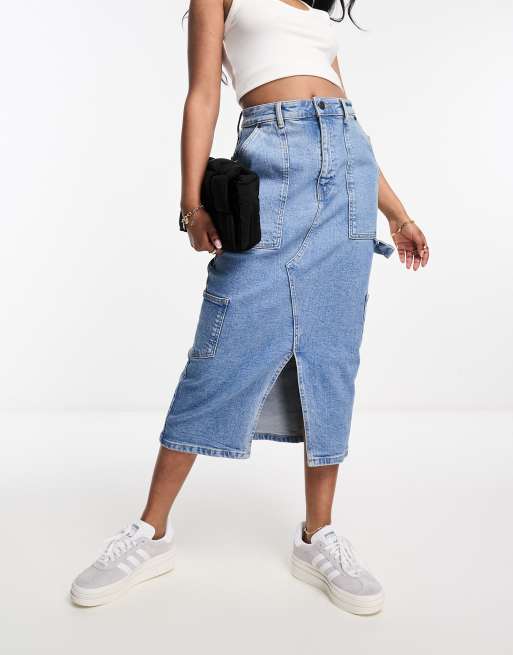 Waven - Julie - Utility denim maxi rok met zakken in jaren 90 blauw