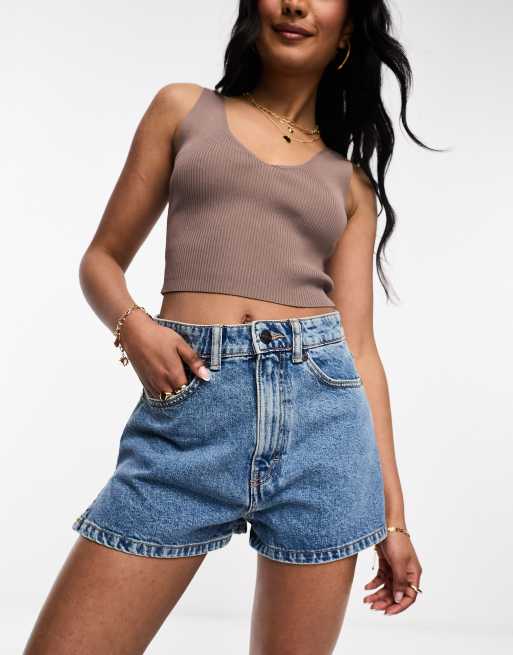 Waven - Lianne - Denim short met split in de zoom in blauw