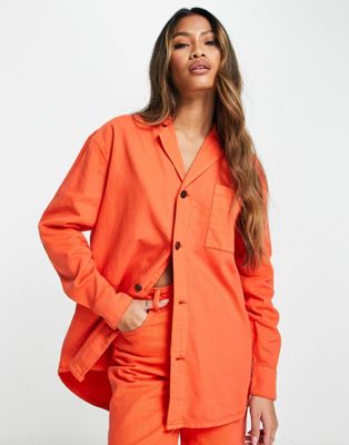 Waven longline oversized shirt co-ord in orange