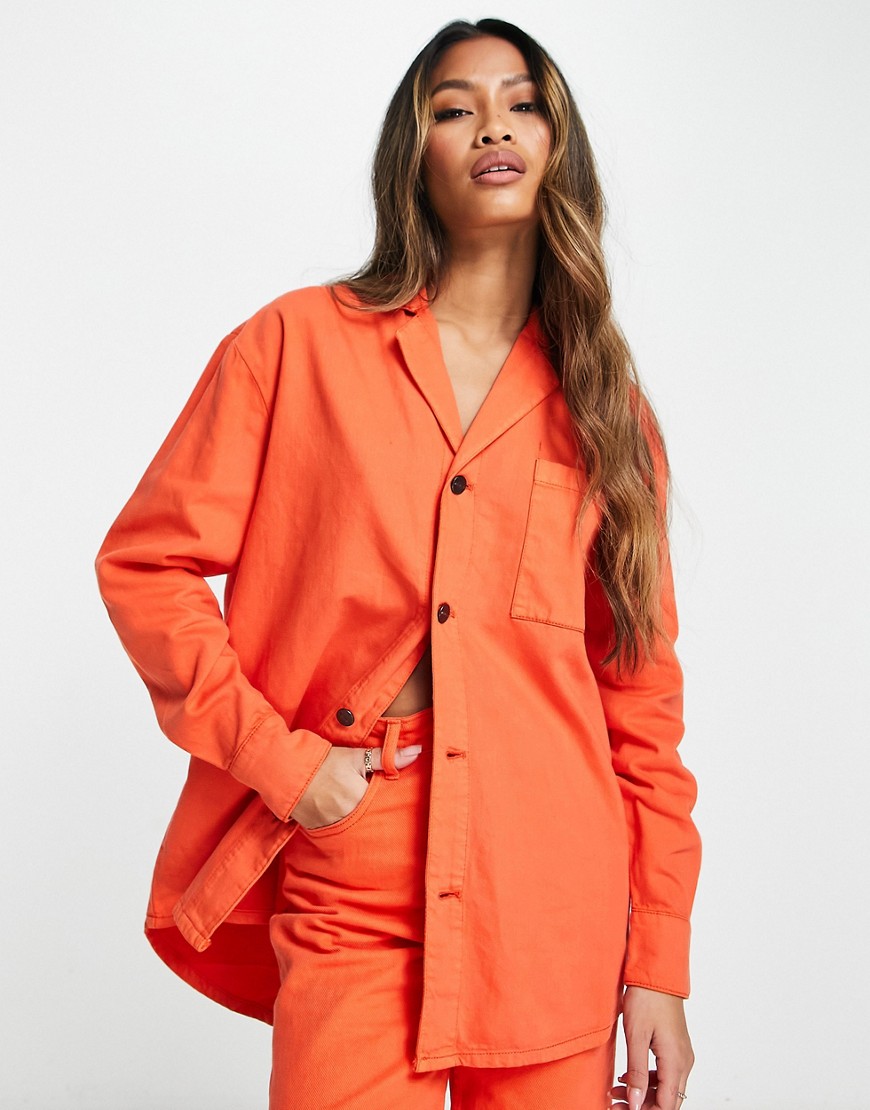 Waven longline oversized shirt co-ord in orange