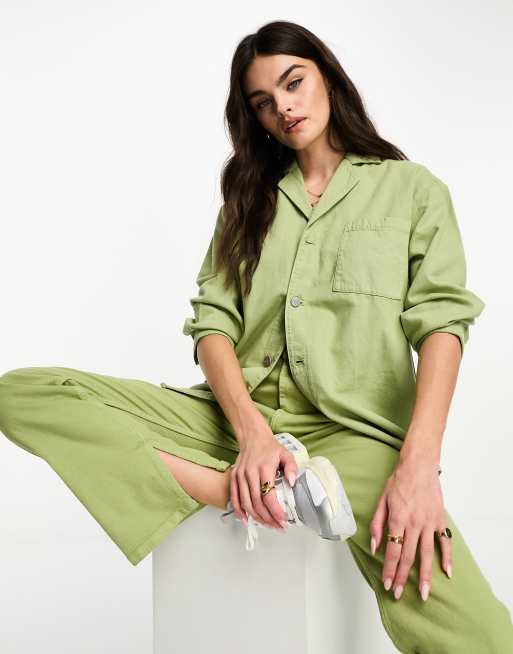 Waven oversized denim shirt and high rise jeans in sage green