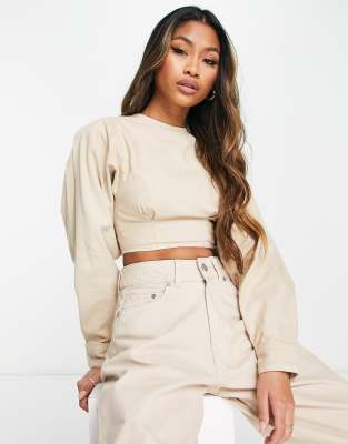 Waven puff sleeve blouse co-ord with open back in beige