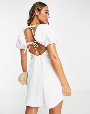 Waven puff sleeve tie back mini dress in white