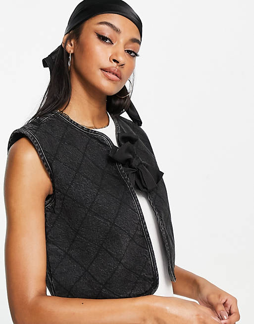 Coats & Jackets Waven quilted waistcoat with bow detail in vintage black 