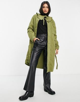 Waven sigvor oversized quilted shirt jacket with removable frill collar in khaki green
