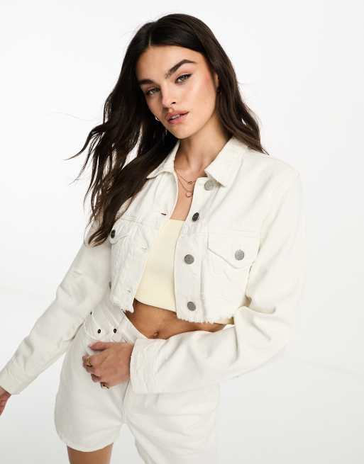 Waven solfa cropped trucker jacket in white | ASOS