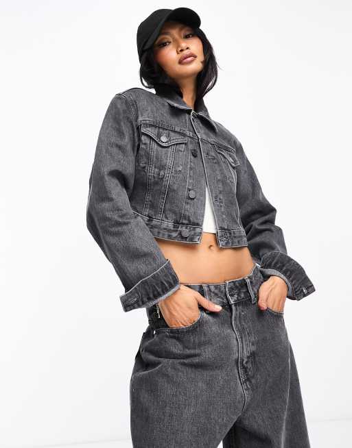 Waven - Solfa - Super cropped denimjakke i monokrom grå - Del af sæt