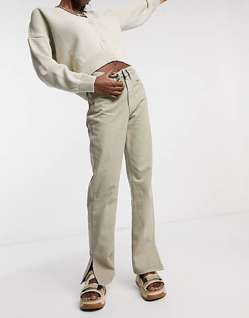 Waven straight leg jeans with side slit in sand