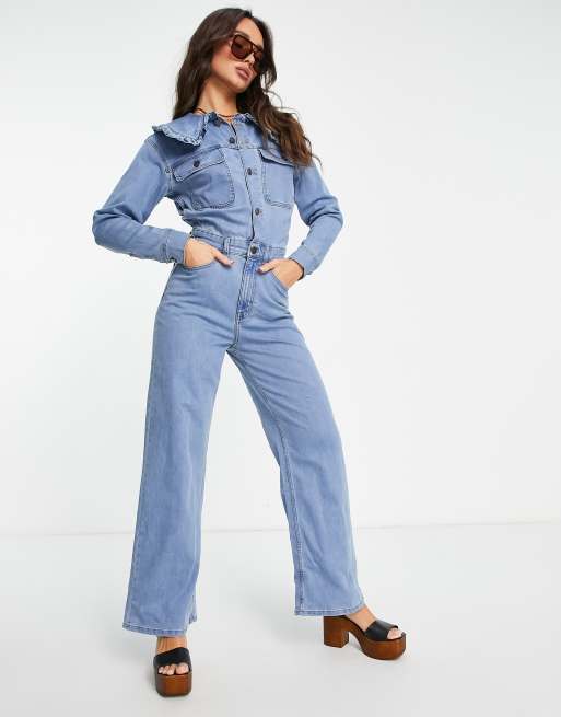 Waven - Sven - Langærmet jumpsuit med flæsekrave i blå denim i 90'er-stil